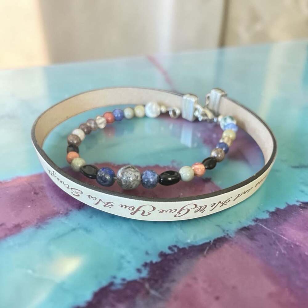 Inspirational Scripture Leather Wrap Bracelet with Multi Gemstone Beaded Strand.